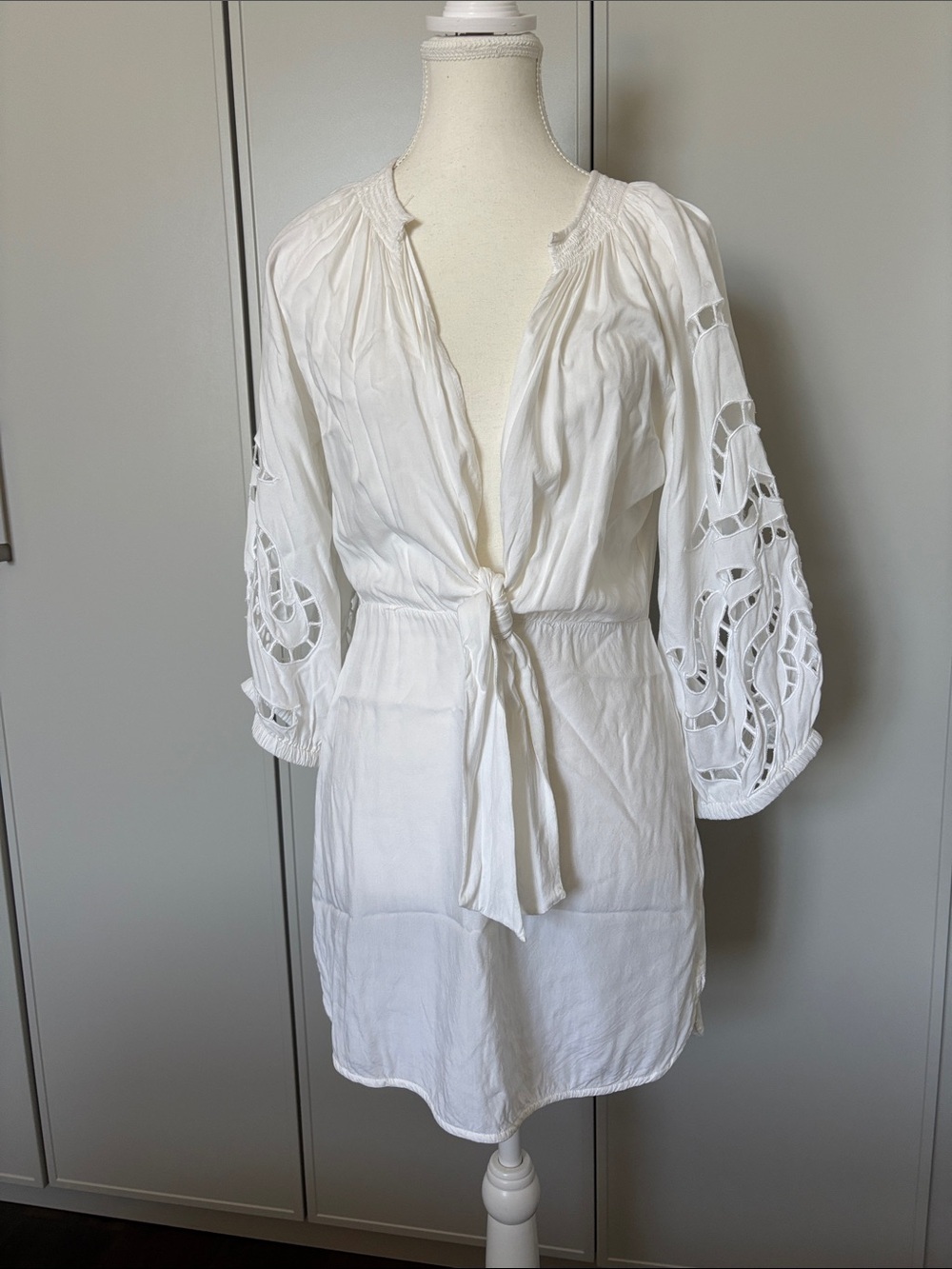 Vix White Cotton Tie-Front Swim Coverup with Eyelet Sleeves